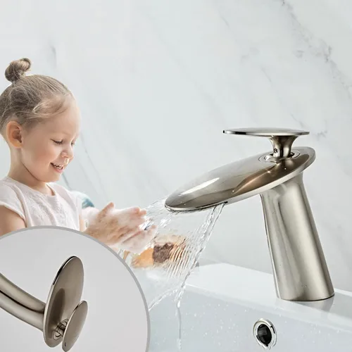 Vista 9 de Lavabo tipo cascada para baño, grifo monomando para lavabo, monomando, para lavabo, cuerpo alto Níquel cepillado