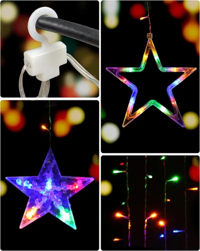 Vista 6 de Blingstar Luces de Cortina de Estrellas 138 LED 12 Estrellas Multicolor Luces de Navidad 8.2 Pies Luces de Ventana Conectables con Control Remoto