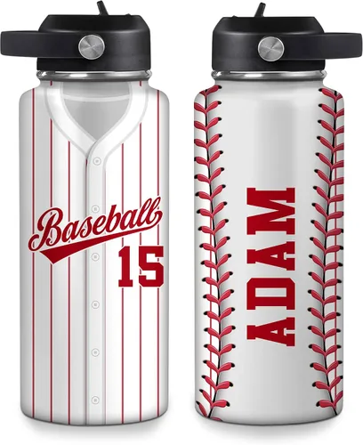 Vista 26 de Hyturtle Botella de agua de béisbol personalizada, botella de acero inoxidable aislada de viaje con tapa a prueba de fugas, 18 onzas, 32 onzas