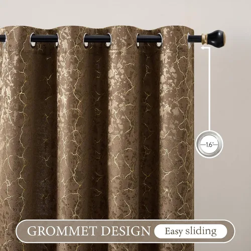 Vista 3 de Cortinas marrones y doradas de 63 pulgadas de largo, 2 paneles de cortinas geométricas para oscurecer la habitación, cortinas con ojales, estampado