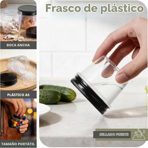 Vista 5 de novelinks Tarros de plástico transparente de 4 onzas con tapas negras, pequeños recipientes redondos reutilizables para alimentos, especias Negro