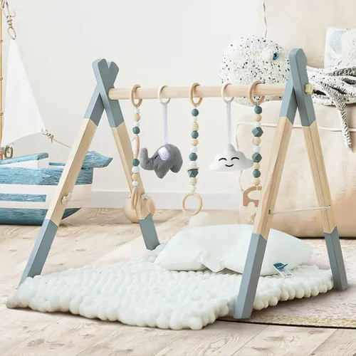Vista 3 de Gimnasio de madera para bebés plegable con marco de gimnasio, gimnasio de actividades, barra colgante con 5 juguetes naturales para bebés recién Gris