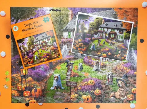 Vista 4 de Rompecabezas espeluznante de 1000 piezas de perros en una casa encantada de Halloween