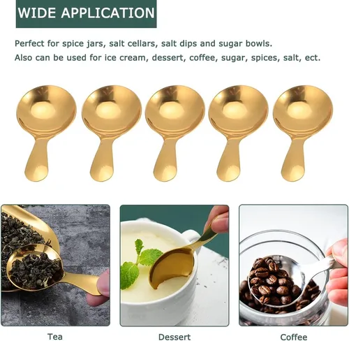 Vista 3 de Watris Veiyi - 5 cucharas de mango corto para condimentos de azúcar, café, té Cucharas pequeñas para postres de sal, mini cucharas doradas
