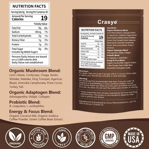 Vista 2 de Café orgánico de hongos 11 superalimentos instantáneos con Ashwagandha, Shilajit, melena de león, reishi, chaga y colágeno café arábica molido