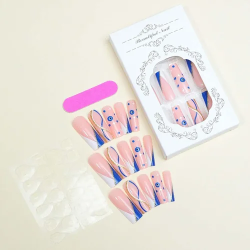Vista 17 de Uñas postizas francesas a presión, uñas postizas largas de acrílico con forma de ataúd de cobertura completa, uñas postizas de bailarina