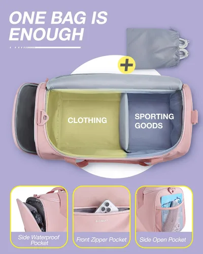 Vista 4 de BAGSMART - Bolsa de gimnasio para hombres y mujeres, bolsa de viaje deportiva con compartimento para zapatos y bolsillo húmedo, bolsa de lona