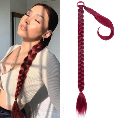 Vista 25 de Extensiones de cola de caballo trenzada de 20 pulgadas de largo para mujer, extensiones de cabello lacio envolvente con banda para el cabello, cola