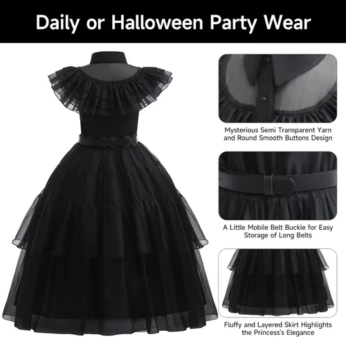 Vista 4 de Hellet Vestido de disfraz negro para niñas, vestido de princesa para familia, fiesta de Halloween, cosplay, vestido negro