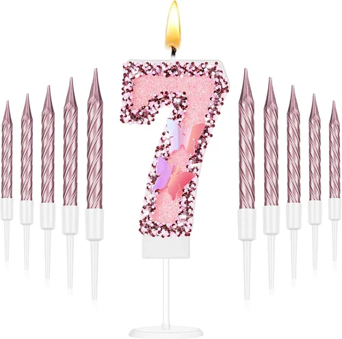 Vista 14 de Amylove Vela de cumpleaños número 0, decoración de pastel de mariposa con purpurina rosa con 10 velas delgadas, decoraciones de cumpleaños número 0