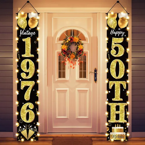 Vista 7 de Cartel de fiesta de cumpleaños número 18 con luces LED para hombres y mujeres - Carteles de puerta de cumpleaños número 18 en negro y dorado vintage