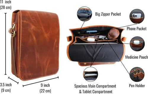 Vista 7 de Bolso de mensajero de cuero para computadora portátil, maletín de oficina, regalo para hombre, bolso de hombro desgastado