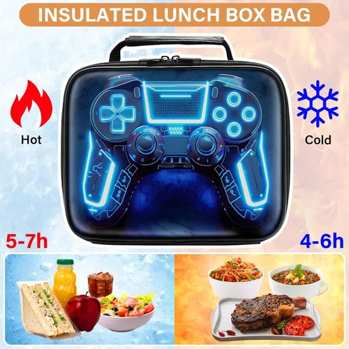 Vista 3 de Lonchera de cuero para niños, lonchera de cuero para niños, regalos para jugadores, lonchera aislada para videojuegos, lonchera portátil