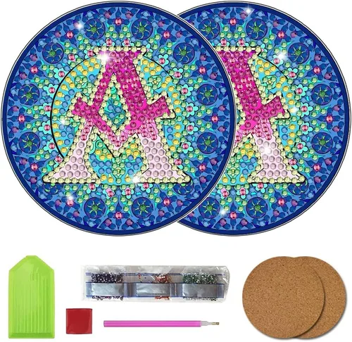 Vista 31 de Bysincy Juego de 2 posavasos de pintura de diamantes de 26 letras A-Z, 5D, arte de diamante, mosaico, alfabeto, kit por número para adultos y niños