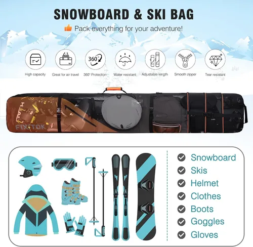 Vista 2 de FIXITOK Bolsa de snowboard y esquí para viajes aéreos, bolsa de snowboard acolchada completa impermeable que se ajusta a tabla, botas, ropa, casco
