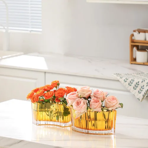 Vista 3 de MCMCNCUIU Jarrones de cristal para centros de mesa, jarrones de flores para centros de mesa de boda, jarrón de vidrio ámbar para flores, florero