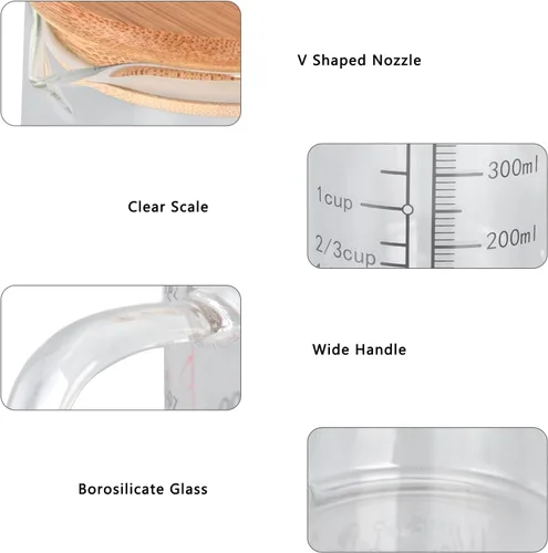 Vista 3 de Vaso medidor de vidrio, con boquilla en forma de V, con mango aislante, tazas medidoras de líquidos con tapa, para el hogar, uso en restaurantes