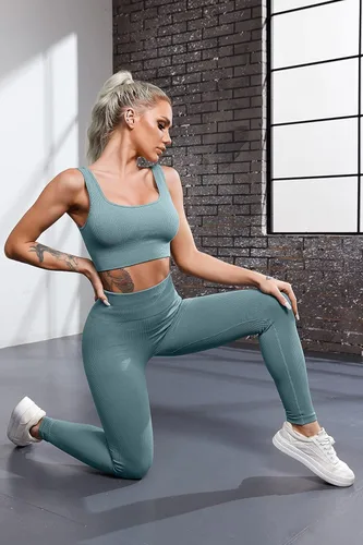 Vista 5 de QINSEN FAFOFA - Conjunto de 2 piezas de entrenamiento, para mujer, brasier deportivo sin costuras, cintura alta, leggings de yoga.
