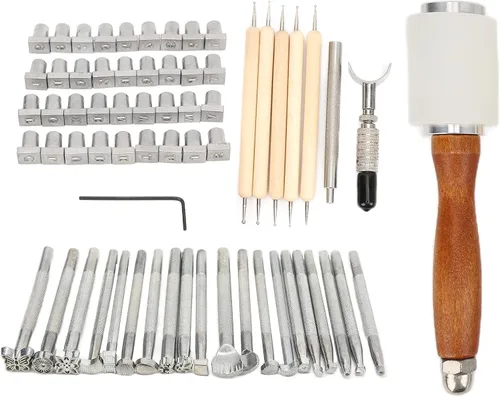 Vista 4 de Leather Sculpture Stamping Tools Kit, Professional Leather Working Tools, 21 Patterns with English Letters and Numbers, DIY Leather Craft Set for