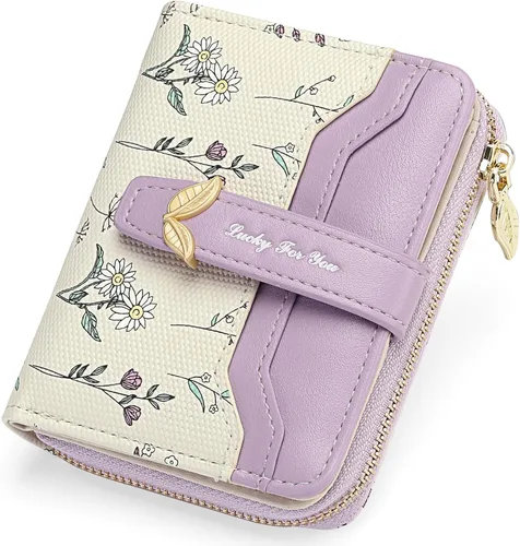 Vista 7 de GAEKEAO - Billetera pequeña para mujer con bloqueo RFID, de cuero vegano, plegable, con estampado floral, monedero con bolsillo con cremallera