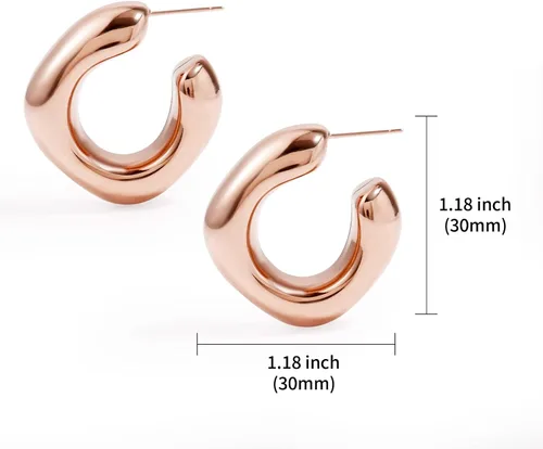 Vista 2 de Aretes de aro gruesos chapados en oro de 14 quilates, ligeros y gruesos para mujer, Acero inoxidable, No es una piedra preciosa