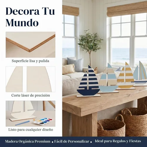 Vista 5 de EXCEART 10 piezas de rebanadas de madera con forma de velero, adornos de madera rústica sin terminar para manualidades, decoración náutica