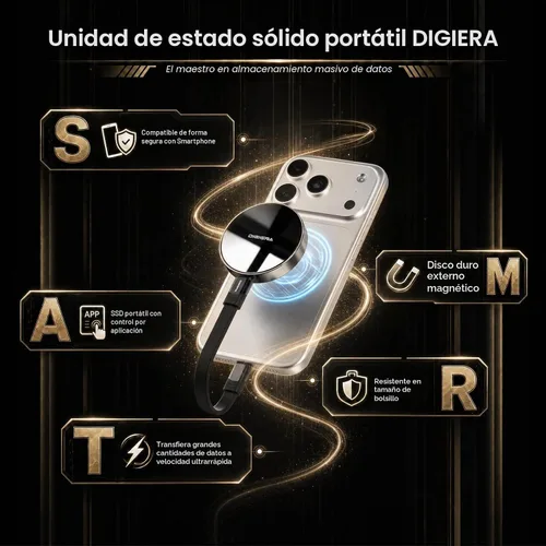 Vista 2 de DIGIERA SSD portátil magnético de 1 TB, unidades de estado sólido externas con USB-C 3.2 Gen 2x2, velocidad de hasta 2000 MB/s, compacta y duradera