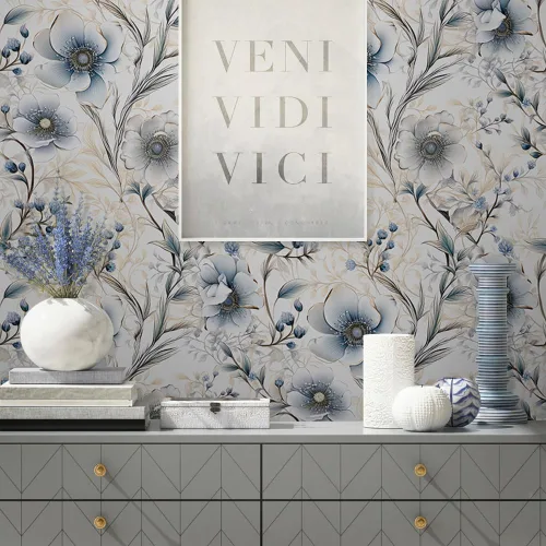 Vista 4 de Papel Pintado Floral Plateado Gris/Azul/Blanco Flores de Amapola de Despegar y Pegar Papel de Contacto Fácil de Despegar Papel Adhesivo para Pegar
