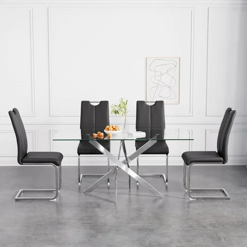 Vista 20 de Juego de mesa de comedor de 36 pulgadas para 4, moderna parte superior cuadrada de vidrio templado, mesa de patas de acero inoxidable con acabado