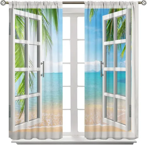 Vista 8 de Cortinas opacas para dormitorio con temática de vacaciones en la playa, palmeras, estilo verano, con bolsillo para barra, para sala de estar