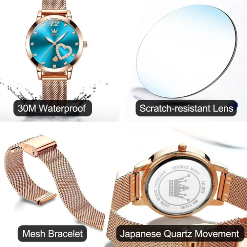 Vista 5 de Relojes de oro rosa para mujer, muñeca pequeña, preciosa abeja, corazón de diamantes, esfera romana, reloj de pulsera de malla de moda para mujer