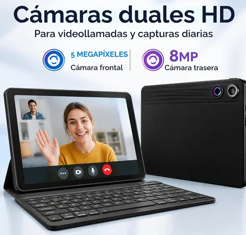 Vista 7 de Jeazans Tablet Android 16 de 10.1 pulgadas, paquete de tableta 2 en 1 con teclado, mouse inalámbrico, lápiz capacitivo, funda de cuero, cámara