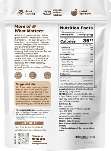 Vista 7 de Micro Ingredients Cáscaras orgánicas de psyllium entero, 3 libras, suplemento de fibra soluble diario con prebióticos, cáscara de psyllium