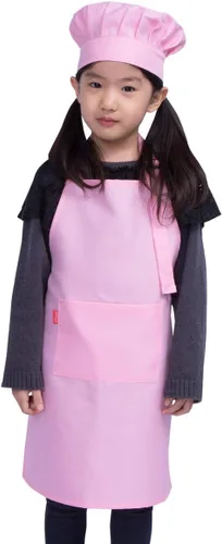 Vista 7 de Juego de delantal y gorro de chef para niños, delantal ajustable con babero para niños con 2 bolsillos. Lindo delantal de cocina para niños y niñas