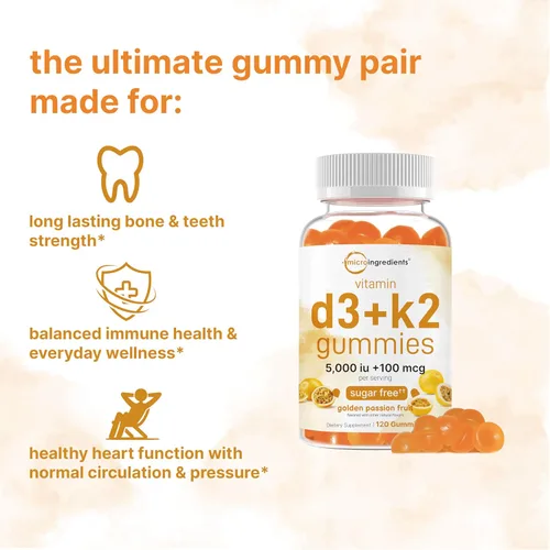 Vista 3 de Micro Ingredients Gomitas de vitamina D3 K2, 120 unidades 5,000 UI de vitamina D + 100 mcg K2 MK-7 Suplementos para la salud ósea, inmunitaria