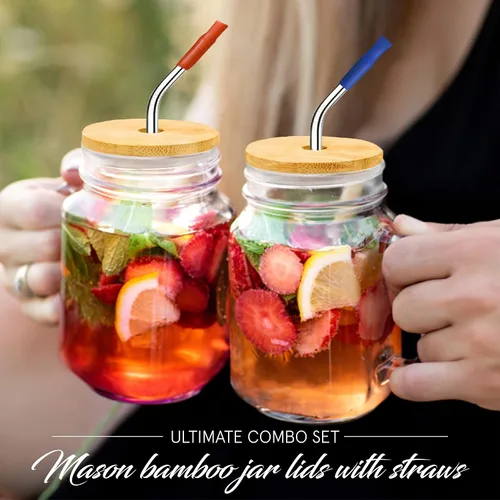 Vista 3 de Tapas de bambú para tarros de masón con agujero para pajilla, popotes reutilizables de acero inoxidable con puntas de silicona de colores, cepillo
