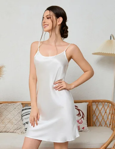 Vista 2 de THXSILK Camisón de seda para mujer, 100% real 19 Momme seda morera ropa de dormir cuello redondo tirantes espagueti camisón camisón