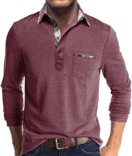 Vista 8 de Aulemen - Camisas polo de manga larga para hombre casuales con botones, absorbentes de humedad, de algodón, elegantes, camisetas para golf
