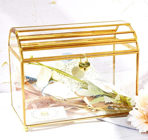Vista 3 de Caja para tarjetas de regalo de boda con cerradura y ranura, caja de cristal dorado para boleta, donación, rifa/recepción, cerradura de seguridad