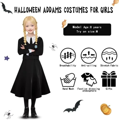 Vista 6 de Digi Halloween Wednesday Addams Costume Girls Dress,Halloween Birthday Cosplay Costumes for Kids 4-12 Years