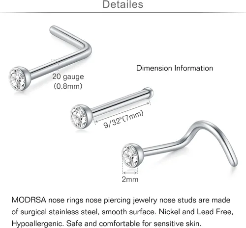 Vista 7 de MODRSA Piercing de nariz para mujer, de acero inoxidable, de plata, calibre 20