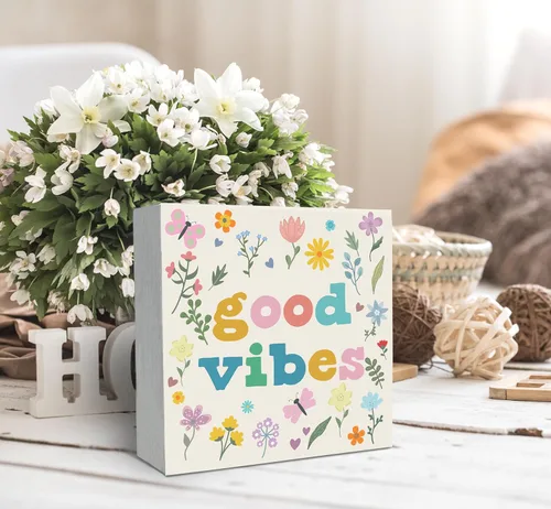 Vista 3 de SRADMO Letrero de madera con diseño floral bohemio, decoración de escritorio, decoración motivacional de oficina, tema inspirador positivo, caja
