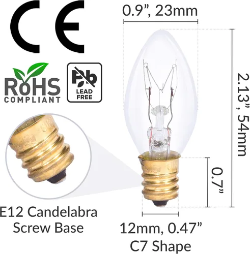 Vista 2 de Simba Lighting Bombilla de repuesto C7 de 4 W (paquete de 6) para luz nocturna, forma de vela transparente, 120 V, base de candelabro E12