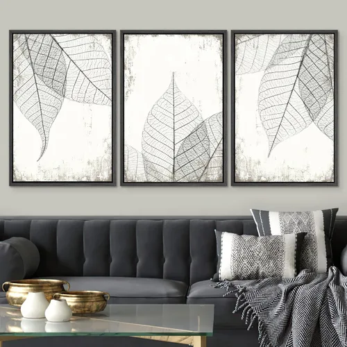 Vista 2 de SIGNWIN Lienzo enmarcado para pared, juego de arte de collage de hojas transparentes en blanco y negro, ilustraciones de naturaleza silvestre, arte
