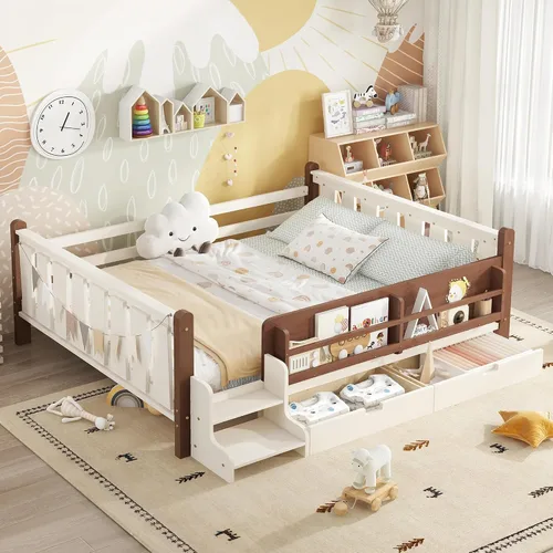 Vista 32 de Bellemave Cama Montessori completa con escaleras y cajones de Escaleras marrones