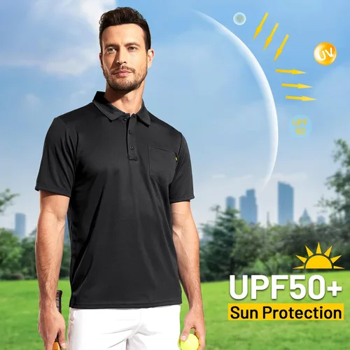 Vista 3 de MIER Men's Polo Shirts Polyester Casual Collared Shirts Short Sleeve with Front Pocket, Moisture-Wicking, Sun Protection