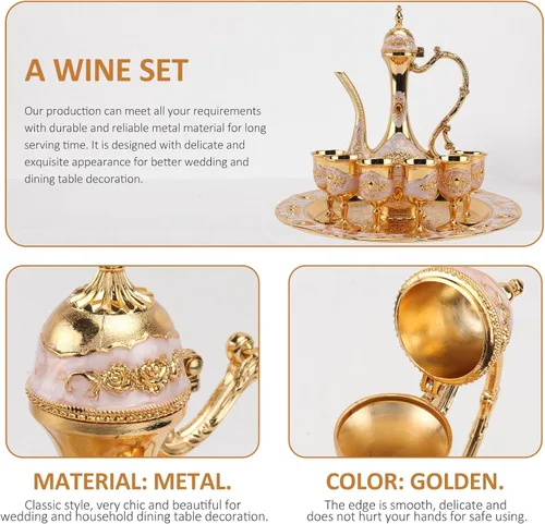 Vista 7 de PRETYZOOM Juego de decantador de vino pequeño decorativo con bandeja, tazas de vino de metal dorado y maceta para regalos de boda y decoración