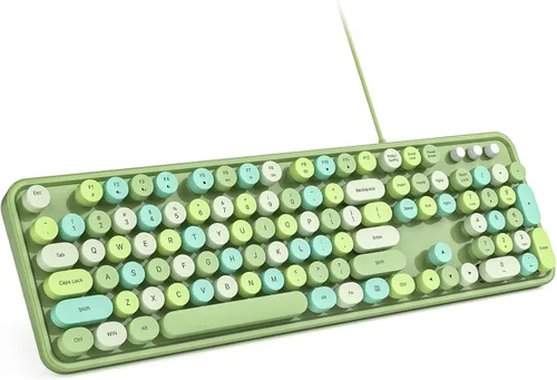 Vista 17 de Teclado de computadora con cable MOWUX, teclado retro redondo con cable USB de plug and play, teclado con cable de tamaño completo con soportes