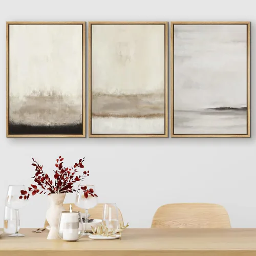 Vista 61 de SIGNFORD - Set de obras de arte en lienzo enmarcado para pared, ilustraciones abstractas de neblina del desierto en tonos neutros beige y marrón