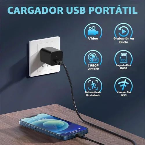 Vista 2 de Cámara del cargador del USB, 1080P HD cámaras de seguridad inteligentes interior de la niñera del animal doméstico Detección de movimiento